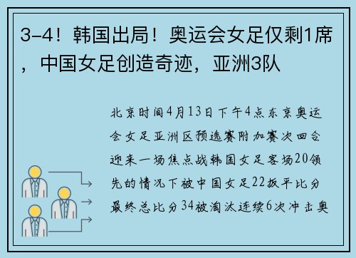 3-4！韩国出局！奥运会女足仅剩1席，中国女足创造奇迹，亚洲3队